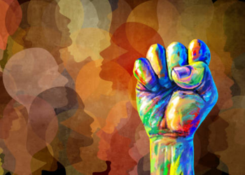 The image is a powerful symbol of strength, unity, and diversity. The raised fist is often used as a symbol of protest and resistance, and the colorful colors of the fist suggest that the people in the painting are from all walks of life. The silhouettes of people in the background suggest that everyone is united in their support for the cause that the fist represents.